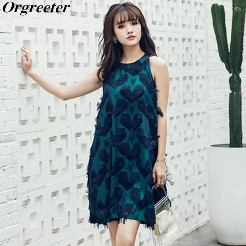 

High Quality Chic Beach Dress Summer New Fringed feather Sleeveless Dress Love heart Embroidery A-line Dress