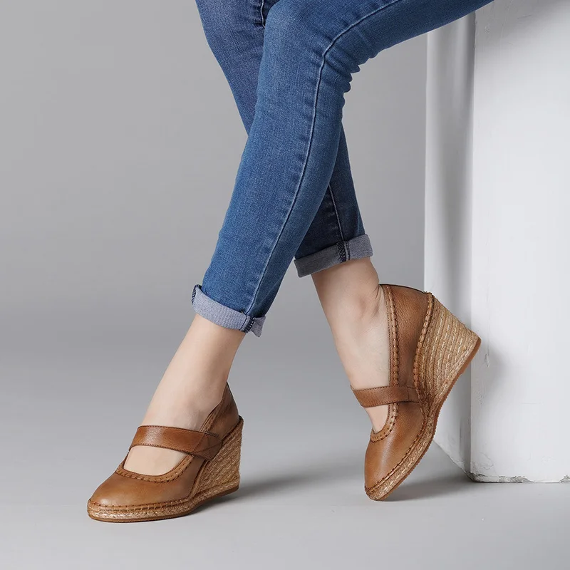 

2019 Spring Summer New Arrival Women Platform Wedges Shoes Female Genuine Leather Handmade Retro Braided Lady Mary Jane Pumps