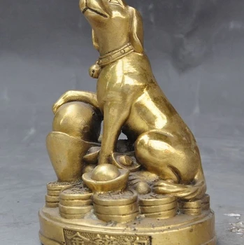 

6" Chinese brass fengshui Zodiac Animal Dog yuanbao money wealth lucky statue
