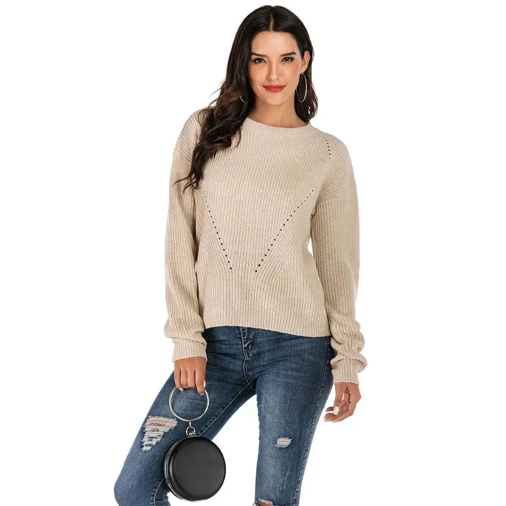

Wixra Sweaters Autumn Winter Spring Female Hollow Out Solid O Neck Basic Ladies Knitted Clothing For Women