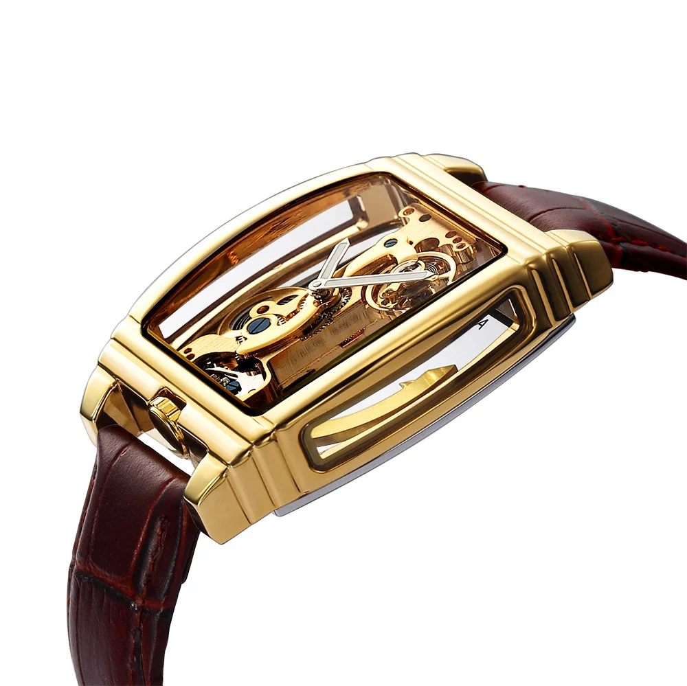 Золотые механические часы для мужчин Топ люксовый бренд с автоматическим подзаводом наручные часы один мост часы Прозрачный Скелет час