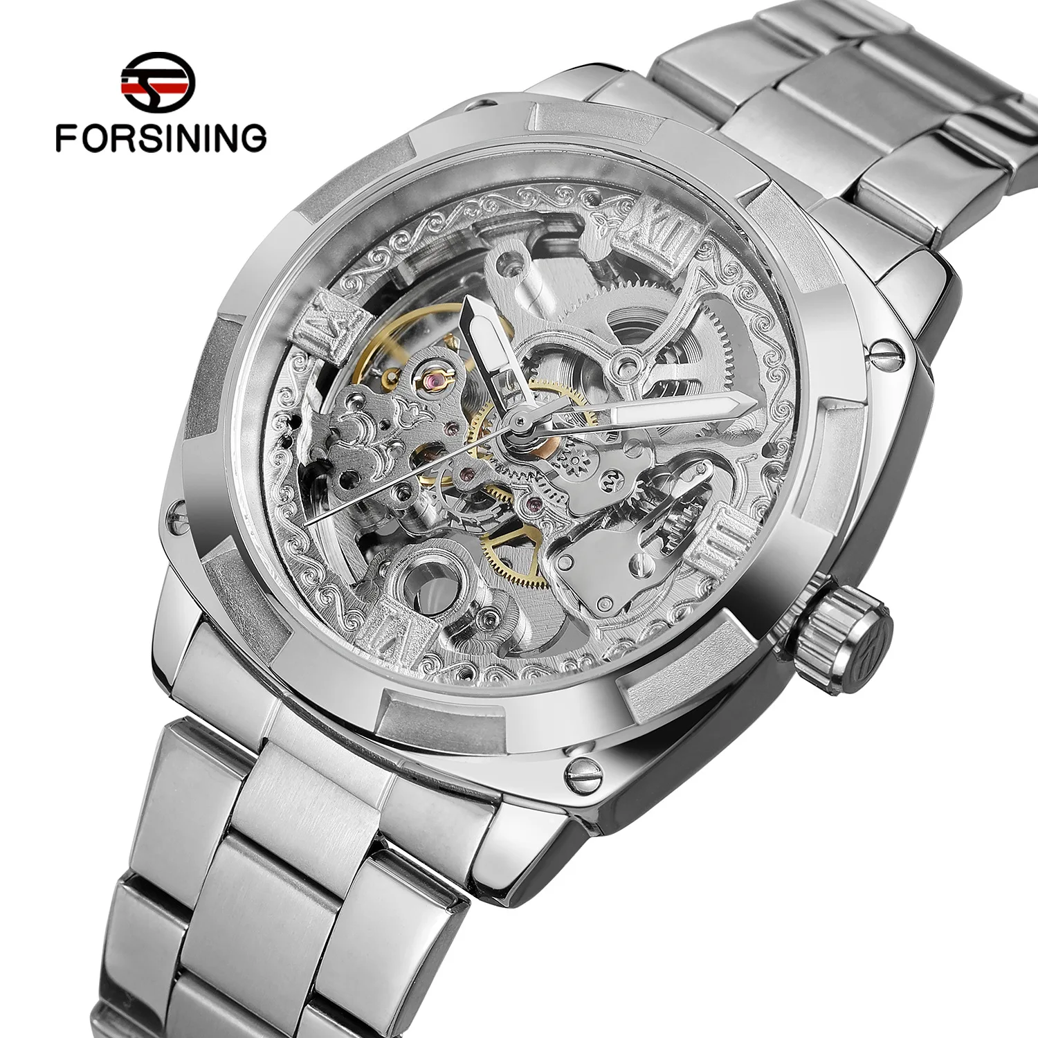 

Forsining Top Brand Fashion Retro Men's Automatic Mechanical Watch Luxury Full Golden Steel Design Luminous Hands Skeleton Clock