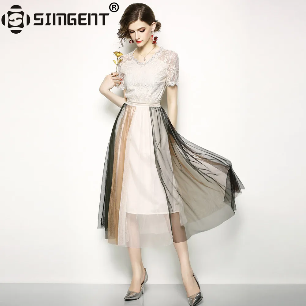 

Simgent Summer V-Neck Mesh Patchwork Lace Dress A-Line Long Vestidos Work Casual Slim Vintage Color Block Party Dresses SG87181