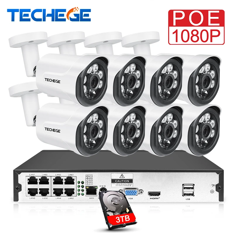 

Techege 8CH 1080P POE CCTV System 2.0MP Security Camera Audio Camera Outdoor Waterproof Motion detect Video Surveillance System