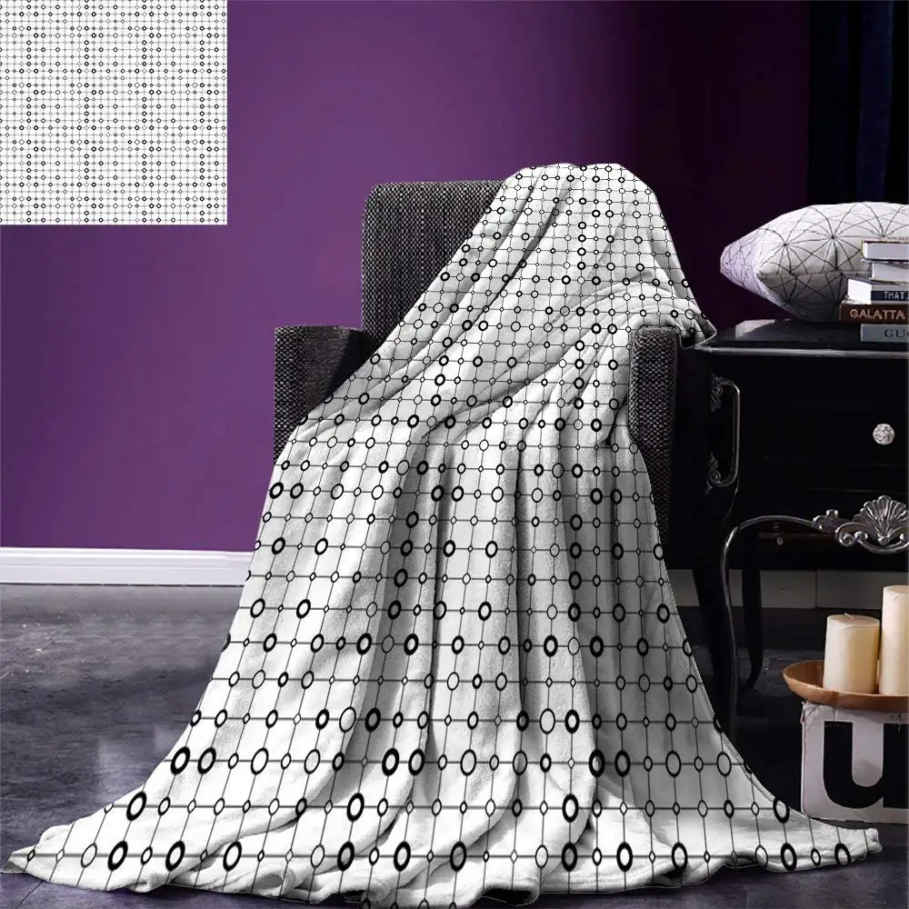 Geometric Throw Blanket Monochrome Grid with Stripes and Circles Minimalistic Futuristic Modern Design Fleece Blankets for Bed | Дом и сад