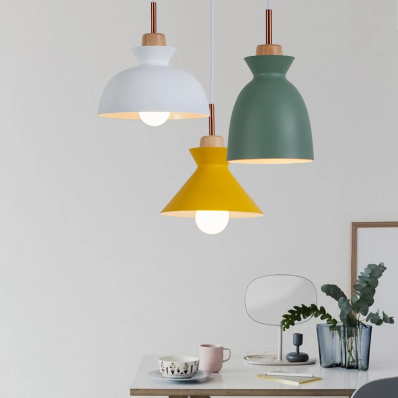 

Nordic Minimalism pendant lights, E27 woodwork aluminium 7 colour lampshade lamp, household restaurant decorative home lighting