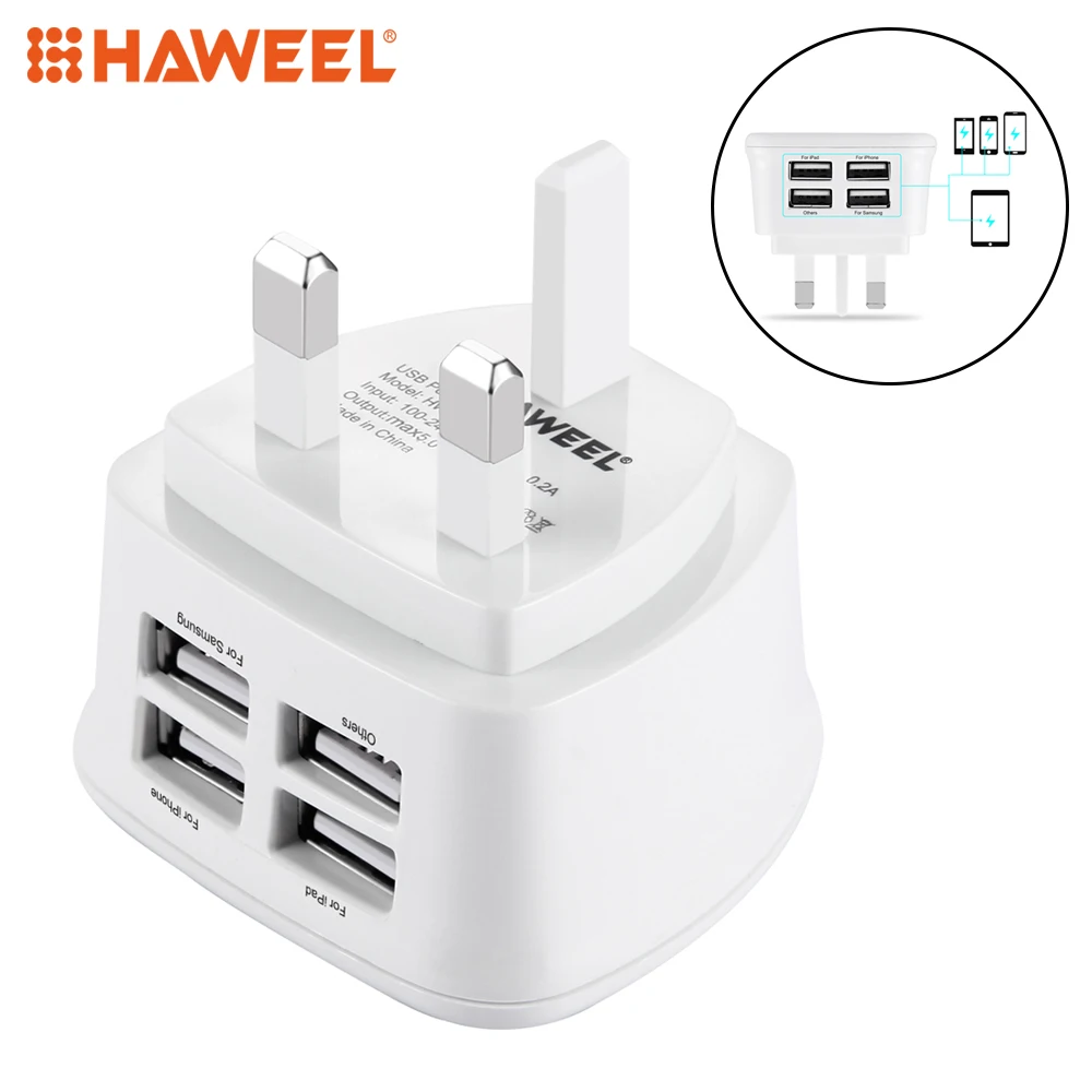 

UK Mains Charger, HAWEEL 4 USB Ports Max 3.1A Travel Charger for iPhone, iPad, Galaxy, Huawei, Xiaomi, other phone and Tablets