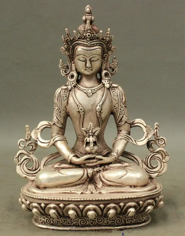 

Tibet Buddhist Silver Amitayus Longevity God Goddess GuanYin Buddha Statue