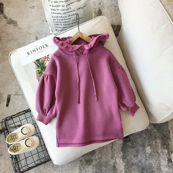 

Dress For Girls Long Sleeve Hooded Party Clothes Toddler Baby Kids Girls Solid Ruched Thick Warm Pullover Dress Tops Clothes