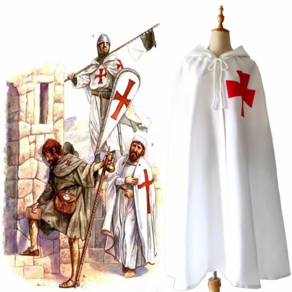 Hot Sale Halloween Medieval Costume Clothing Black Knights Costume Hospitaller Tunic Cloak Cape Men Gothic White Cross Robe