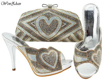 

Sliver Shoes And Clutch Bag Top Quality Italian Shoes and Bag Sets Decorated With Rhinestones Fashion Style For Party B89-22