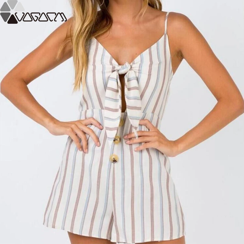 

Women Summer Short Jumpsuit Loose Halter Deep V Neck With Bow Button Striped Back Zipper Party Club Playsuit