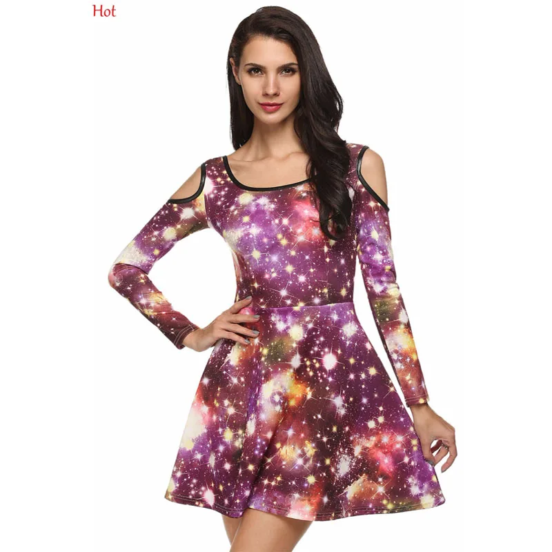 

New Spring Women Galaxy Dress Long Off Shoulder Space Pattern Pleated Mini Dress Plus O Neck Skater Casual Sun Dress YC001181