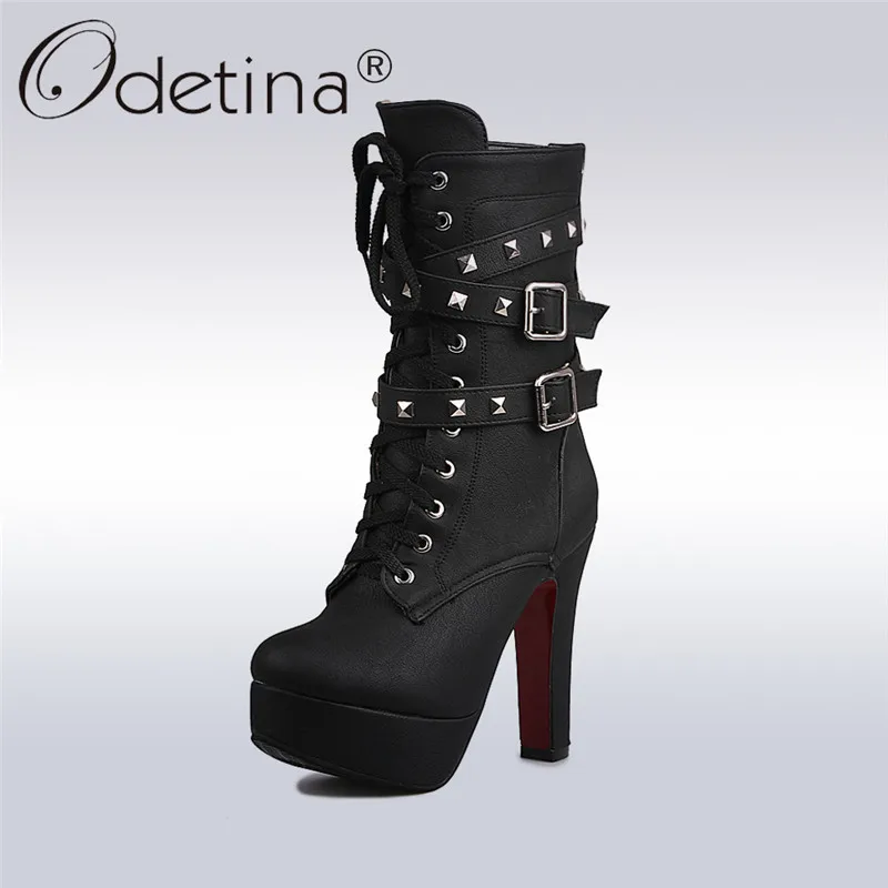 Odetina 2018 Sexy Extreme High Heels Black Women Platform Motorcycle Ankle Boots Lace Up Rivets Punk Boots Buckle Straps Ladies black rivets lace up womens motorcycle boots