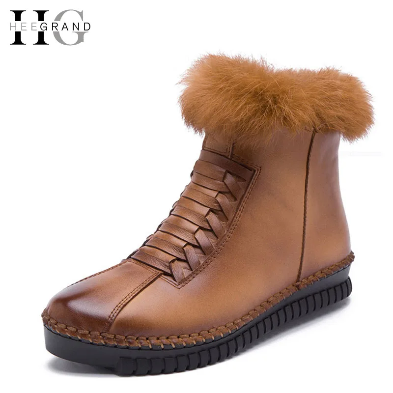 HEE GRAND Genuine Leather Women Boots Platform Zip Winter Ankle Boots Short Plush Casual Women Flats