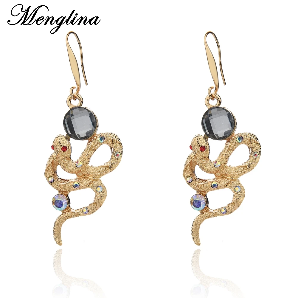 

Menglina Fashion Jewelry Crystal Metal Snake Earrings For Women Gold Color Snake Charm Big Drop Earrings Pendientes Mujer Moda