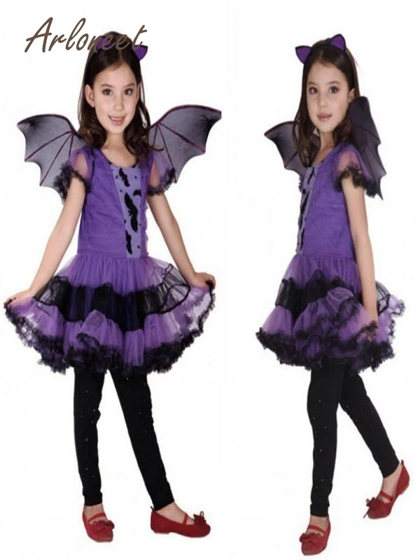 ARLONEET/Детский костюм на Хэллоуин, костюм ведьмы вампира для девочек, детское нарядное платье ведьмы+ обруч для волос+ костюм с крылом летучей мыши, комплект из 3 предметов