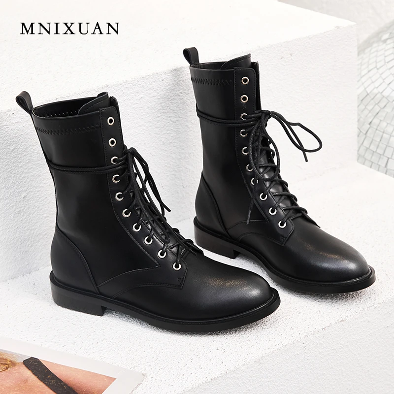 

MNIXUAN Handmade punk martin boots for women antumn winter shoes genuine leather round toe lace up low heels short mid-calf boot
