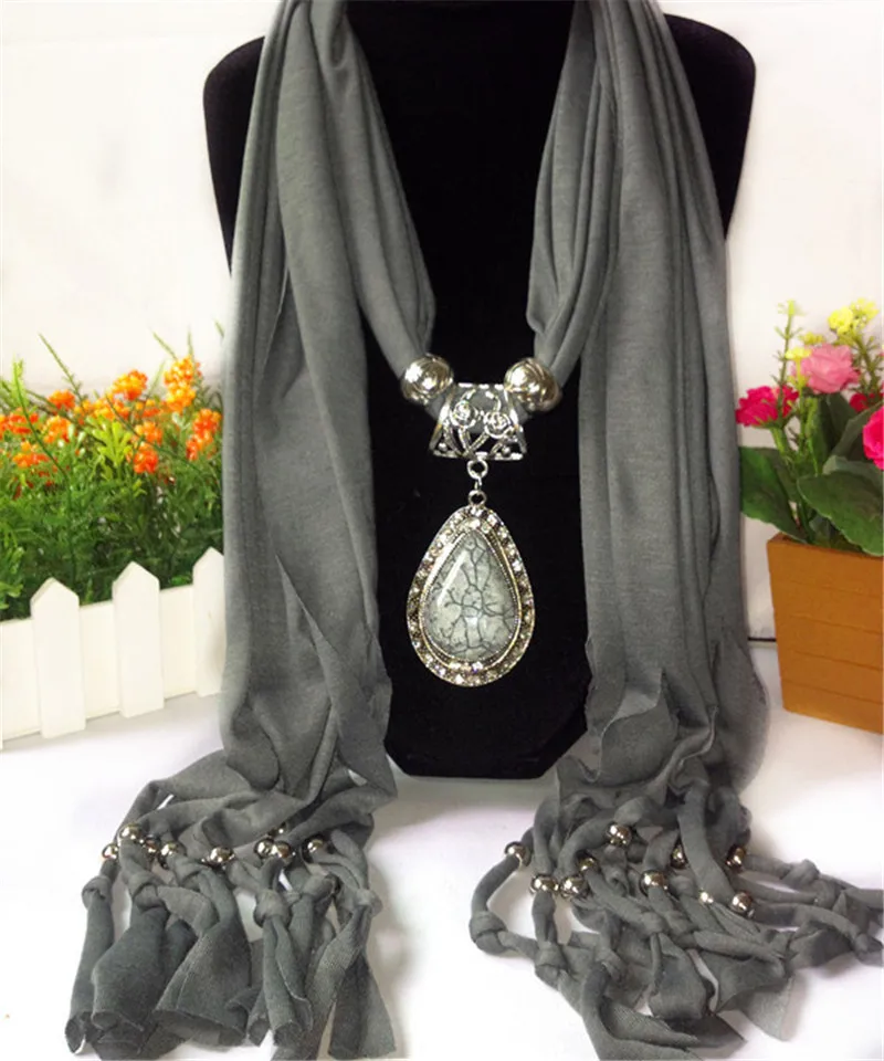 

Classic Water Drop Resin Pendent Scarf Necklace Fashion Solid Jewelry Long Scarves 180x40cm Alloy Fitting Tassel Scarves New