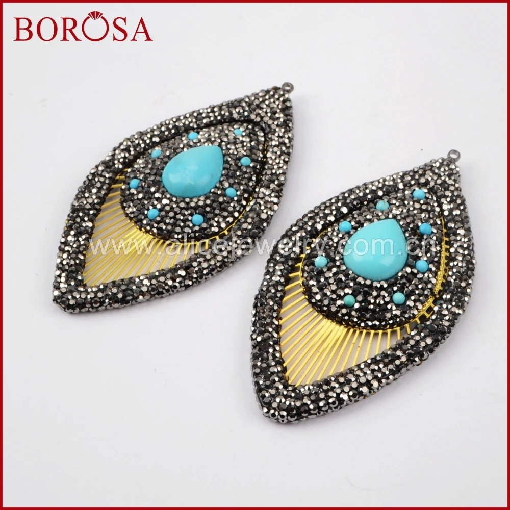 

BOROSA Left Shape Blue Howlites Stone Boho Charm for Women, Drusy Stone Rhinestone Paved Charm for Drusy Earrings Making JAB734