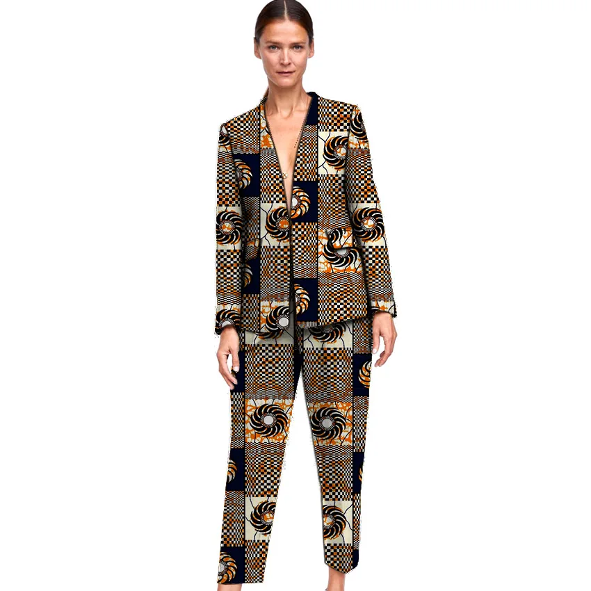 Elegant African print women blazer with trouser set dashiki business style Ankara female pant suits customized for ladies