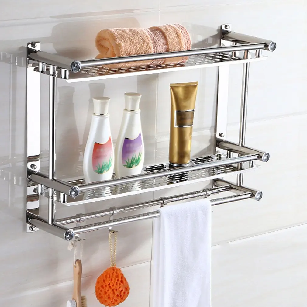

Bath Towel Shelf Rack Bathroom Holder Double With Hooks Anti-rust Wall Mounted Hanging Washbasin Washroom Storage Sorting