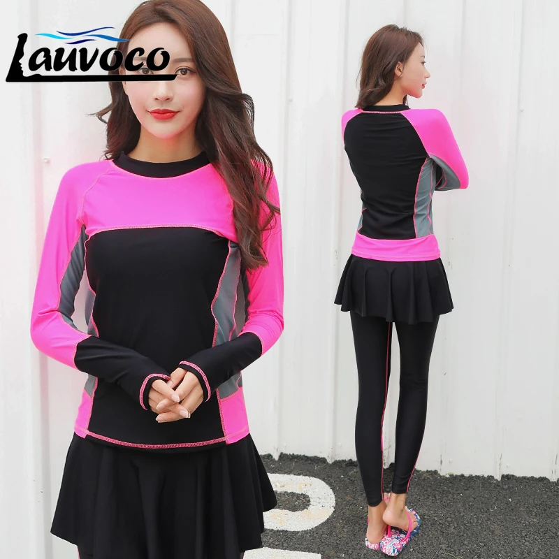 

Two Piece Women Sport Swimwear Professional Plus Size Swimsuit Long Sleeve Ladies Paded Skirt Bodysuit 3XL Maillot De Bain Femme