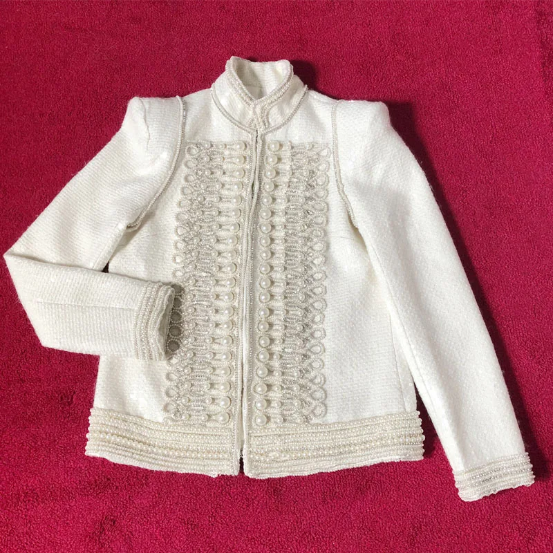 

2018 winner new women pearl wool tweed jacket coat