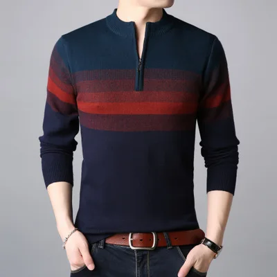 Цвет полоса печати модная повседневная пуловер с косой молнией вязаный свитер осень и зима качество мягкий удобный свитер мужчин M-XXXL - Color: as picture