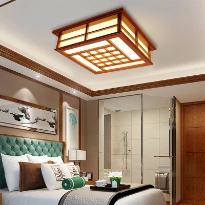 

Modern LED Pendant Flush Mount Ceiling Fixtures Light Chinese Solid Wood Mahogany Finish Square LED Ceiling Lamp Warm/White