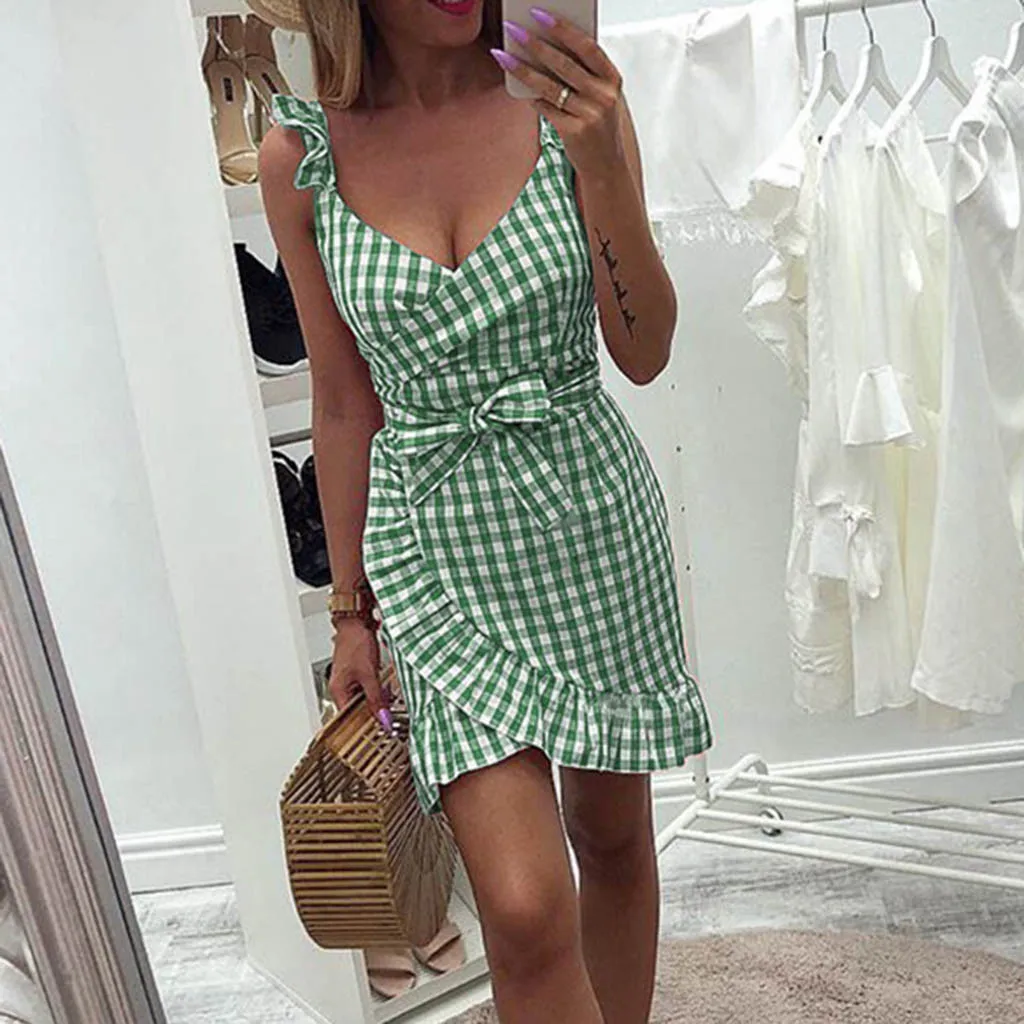 

Women's Plaid Ruffle Off Shoulder Pencil Short Midi Dress Casual Sleeveless V-Neck Bow Ladies Dress Bohemian Summer Dress Women
