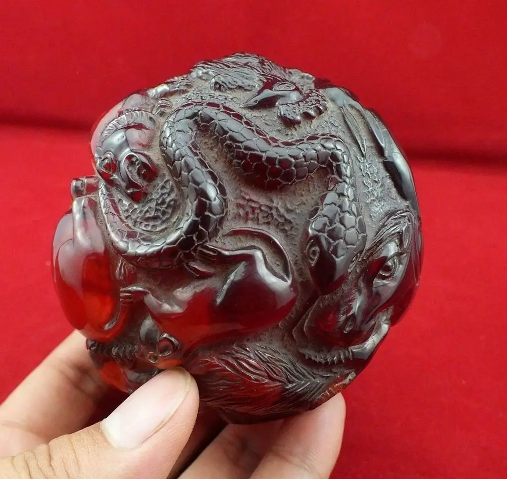 Редкая коллекция китайская ручная работа Янтарная Резьба Дракон Тигр 12 Зодиак статуя животных Dragon Ball Фитнес мяч