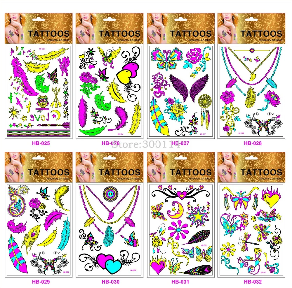 Louco do Partido Atacado Luminosa Fluorescente Luz Férias Tatuagem Temporária Harajuku Boate Fluorescência Tatuajes Corpo 500 Pcs 21 Beleza e saúde