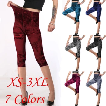 

7 Colors 7 Size 2019 Womens Leggings Cropped Trousers Mock Pocket Pants Slim Jeggings Denim Skinny Plus Size
