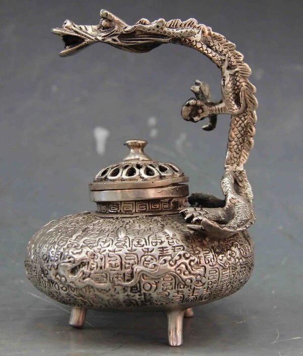 

5.5 Tibet Buddhism White Copper Silver Dragon Censer incense burner Statue