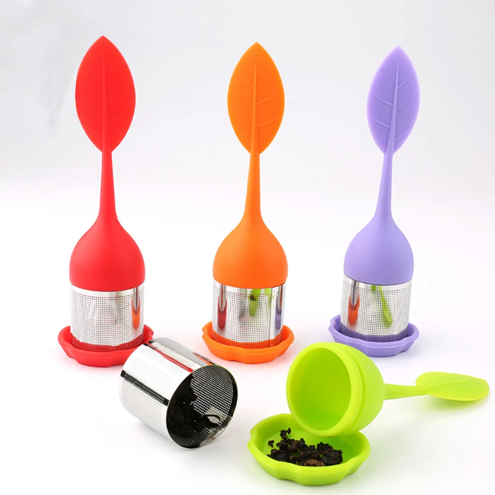 

silicone and stainless steel Tea Infuser Tea Strainer Sweet Leaf with Drip Tray Novelty Tea Ball Herbal Spice Filter Tea Tool