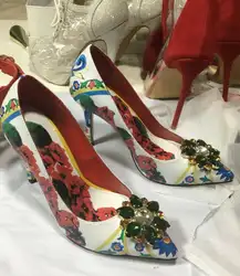 2019 новые острый носок высокие ботинки на каблуках c кристаллами, в форме цветка свадебные туфли-лодочки с принтом пикантные этап каблуке