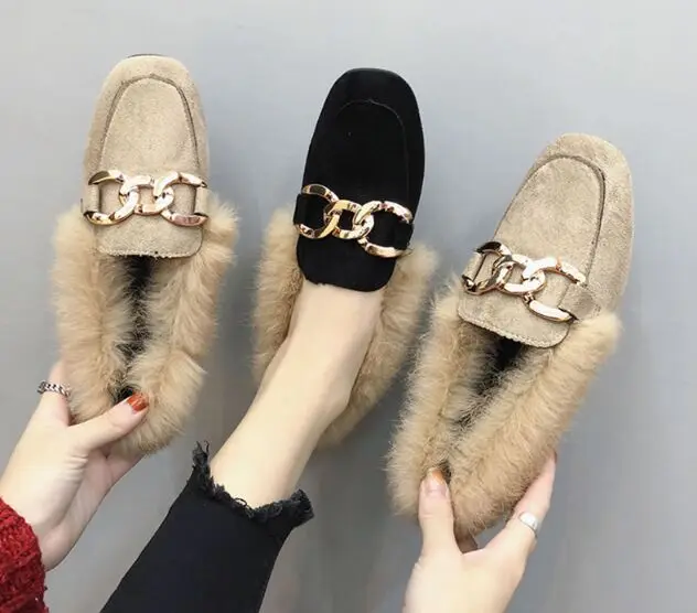 

2019 Female Casual Metal decoration fur Shoes spring autumn Early Winter Shoes pointed toe lady shoes in stock