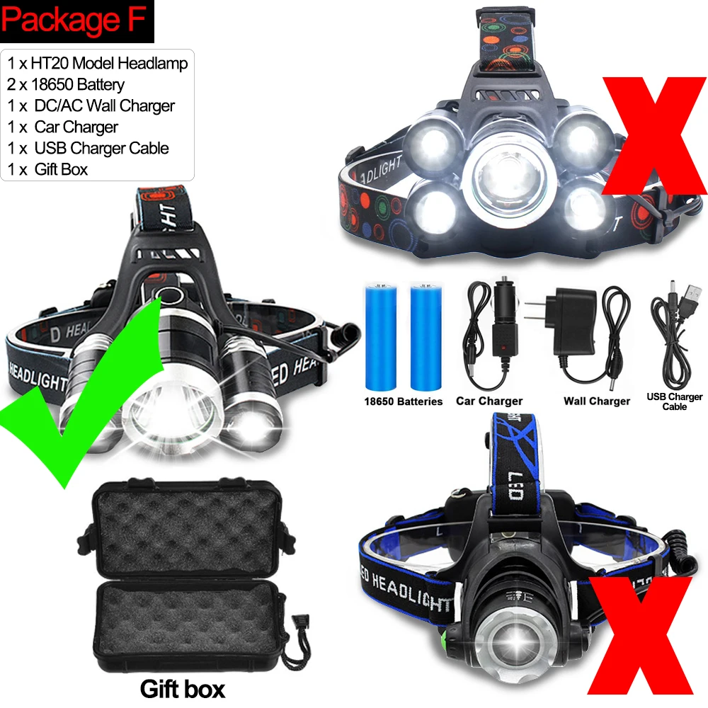 50000LM светодиодный налобный фонарь мощный T6 светодиодный головной светильник Водонепроницаемый головной светильник головной Фонарь налобный фонарь с Перезаряжаемые 18650 Батарея - Испускаемый цвет: Package F