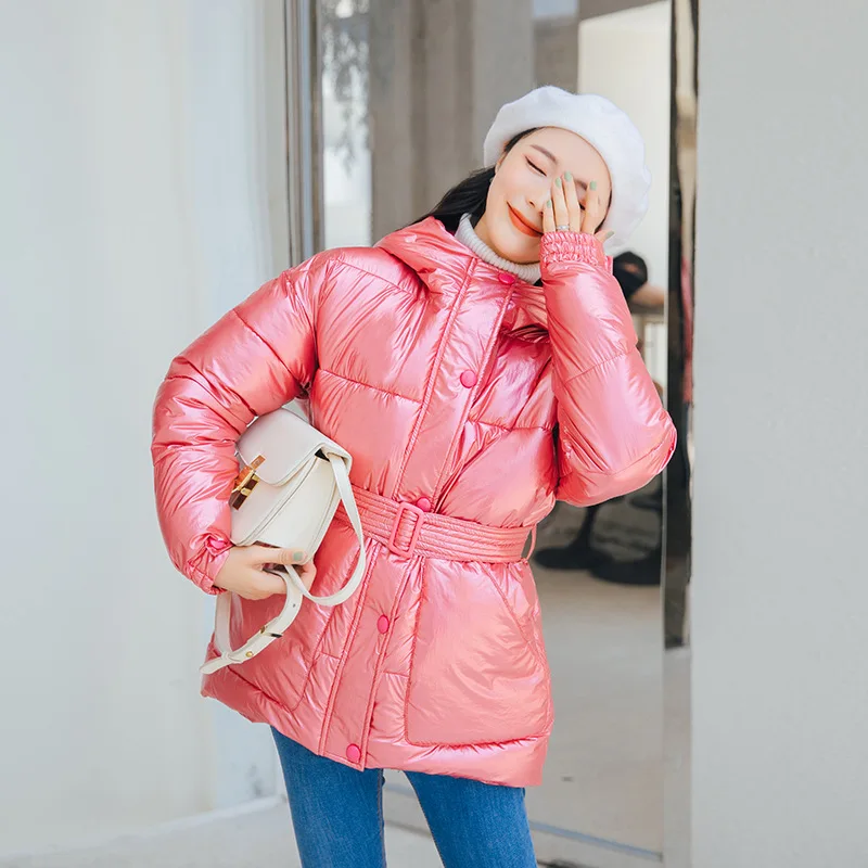 lower price  Glossy Warm Women Hooded Coat Solid Soft Cotton Padded Jackets Female Women Slim Belt Winter Parkas