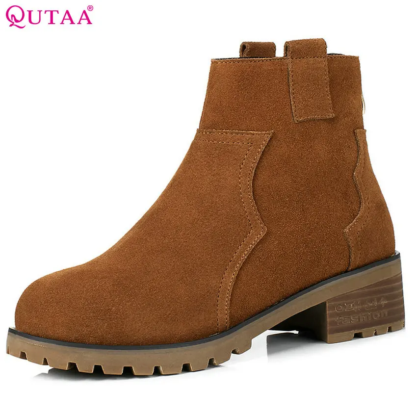 

QUTAA 2018 Fahion High Quality Women Ankle Boots Cow suede Square Heel Round Toe Spring Autumn All Match Women Boots Size 34 -39
