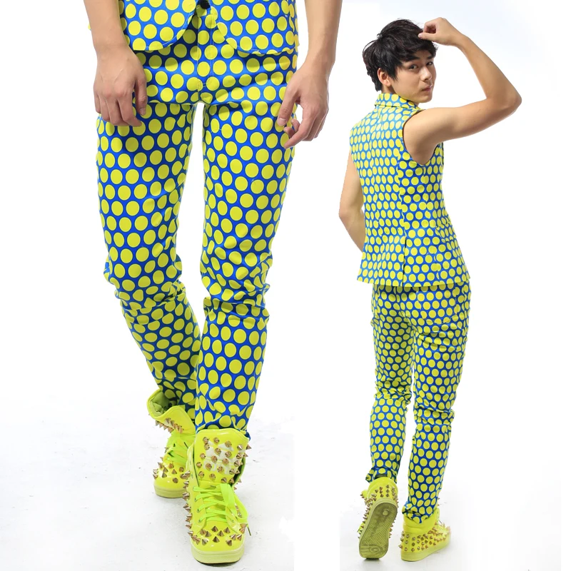 

Fashion Men's Personality Polka Dot Series Slim Casual Pants Show stage Men's Trousers Costume performance accessory