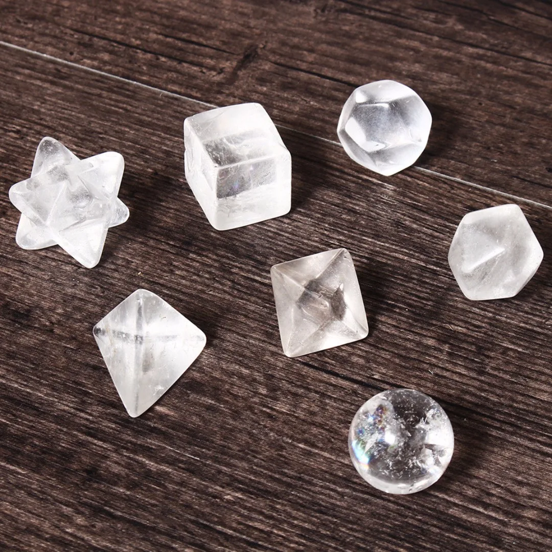 7pcs Clear Quartz Platonic Solids Sacred Geometric Set Meditation Crystal Gifts