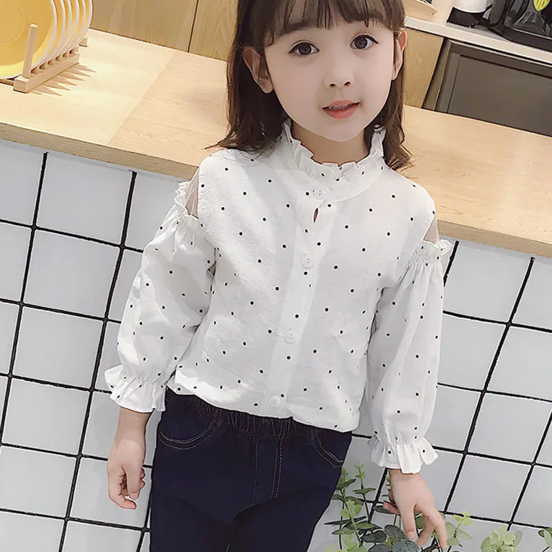 

shoulder off dot teen children blouses for girls clothing cotton white grey ruffles collar girls shirts school long sleeve tops