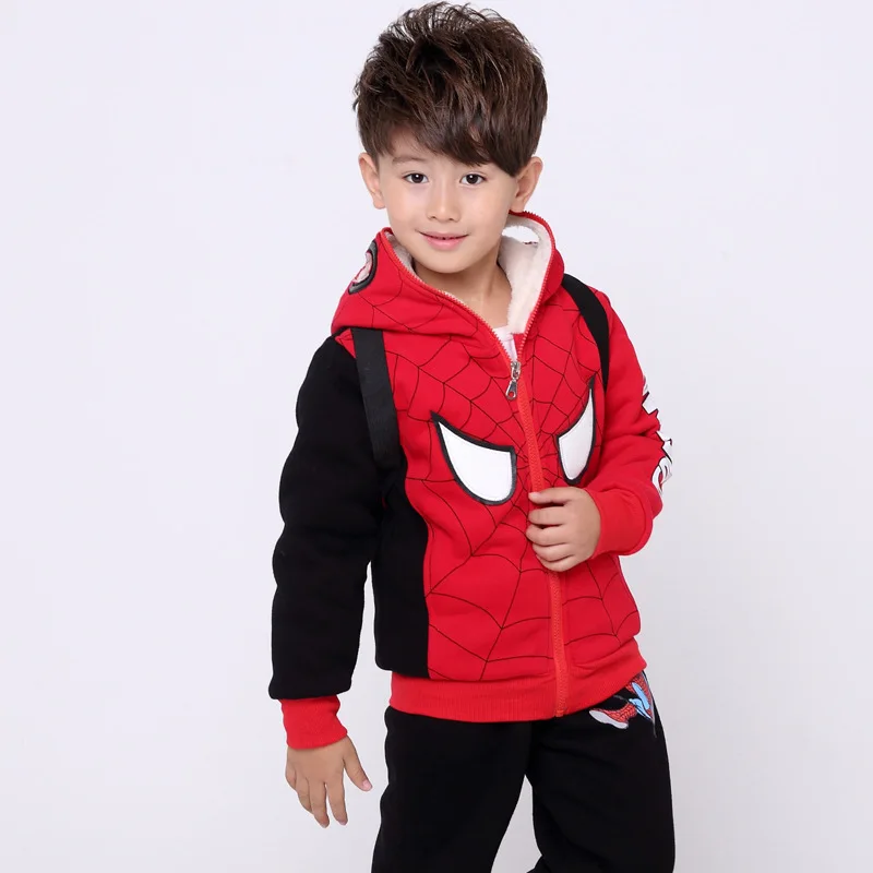 

Winter Boys Sport Suit Long Sleeve Cartoon Children's Clothing Spider-Man Children Plus Velvet Sweater Two-piece Suit 3 -8 Years