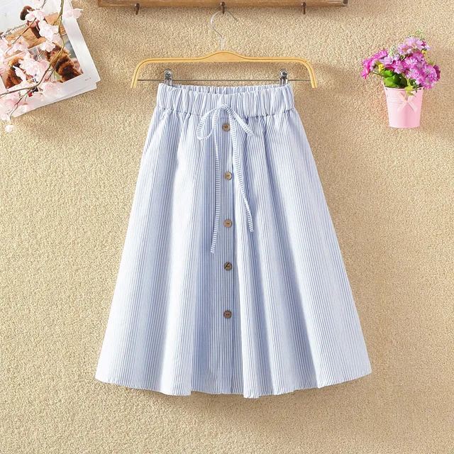 2018 new women summer autumn elastic high waist bow tie midi skirt female cotton linen striped knee-length buttons pleated skirt