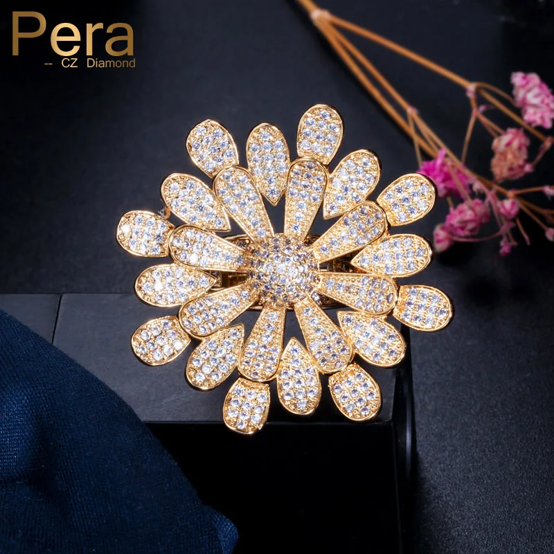 

Pera Luxury Big Flower Dubai Gold African Full Sparkling Cubic Zirconia Finger Rings for Elegant Women Jewelry Accessories R102