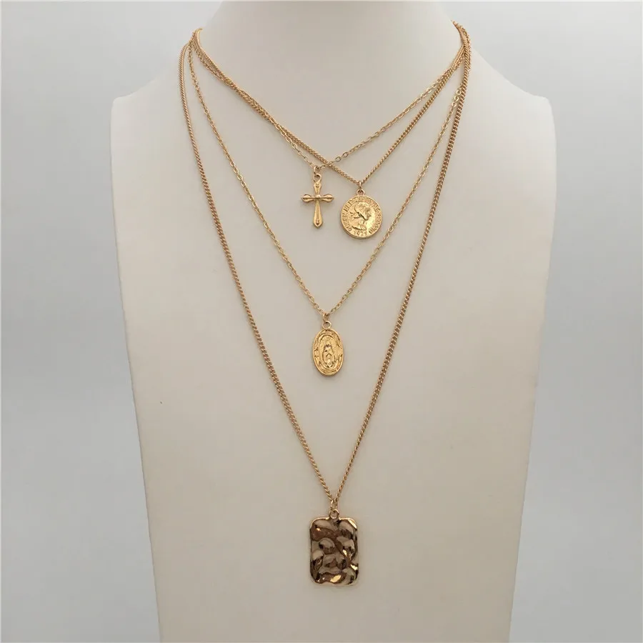 

FASHION JEWELRY GOLD COLOR PLATING COIN CROSS MEDALLION SQUARE PENDANT LAYERED NECKLACE FOR WOMEN GIRL