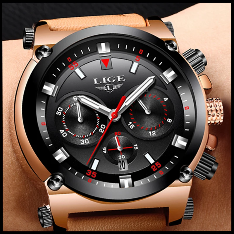 Relogio Masculino LIGE Watch Men's Fashion Sports Quartz Big Dial Clock Leather Mens Watches Top Brand Luxury Waterproof Watch