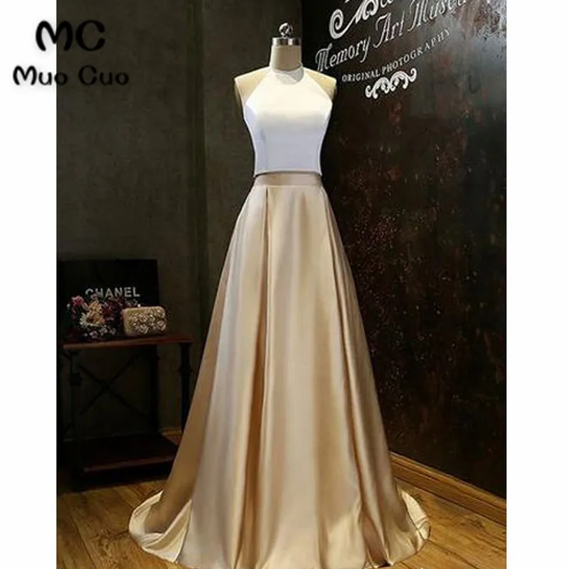 Elegant A Line Round Neck Backless Satin White and Champagne Long Prom Dresses with Court Train, Formal Evening Dresses